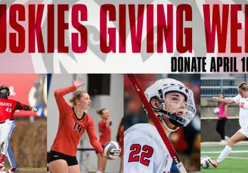 Giving Week graphic with four student-athletes with text that reads "Huskies Giving Week Donate April 16-23"