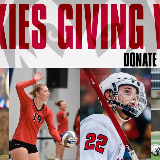 Giving Week graphic with four student-athletes with text that reads "Huskies Giving Week Donate April 16-23"