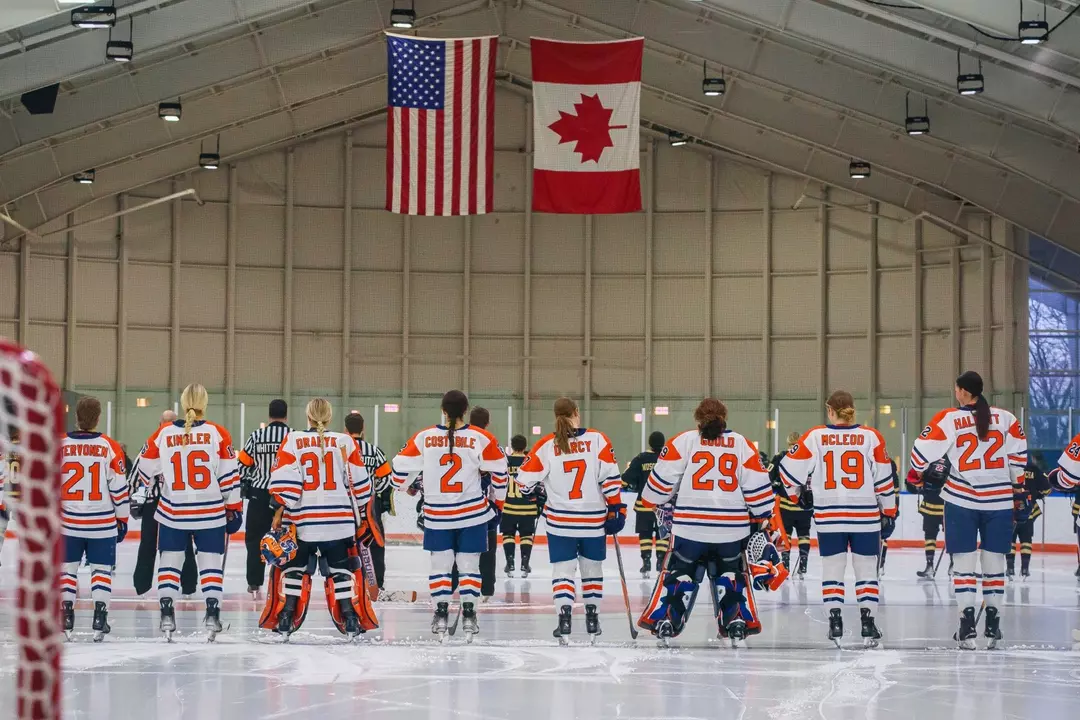 Ice Hockey team standing on Blue Line
