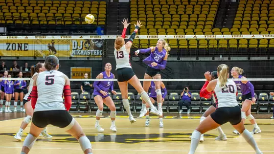 Addie Schmotzer comes down from an attack against a Texas Tech defender during the season opener at the Rumble in the Rockies in Laramie.