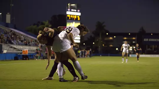 Jenika Davis battles with a Gaucho defender in a 2026 match at UC Santa Barbara