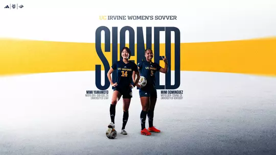 Mimi Yamamoto and Mimi Dominguez pose for a graphic announcing they've signed with women's soccer