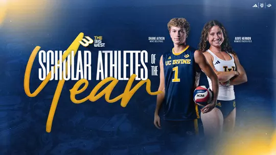 Aoife Hernon and Shane Aitken pose in a graphic recognizing them as Big West Scholar Athletes of the Year in 2026