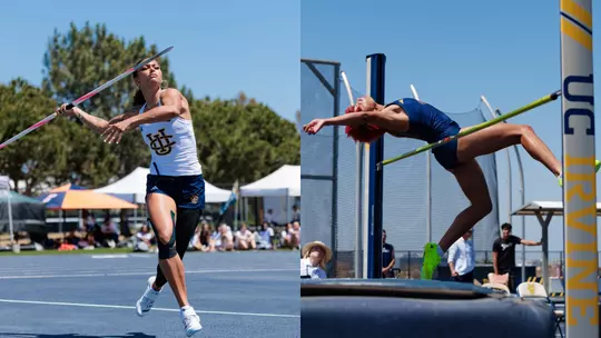 Split image with Jolie Robinson throwing javelin on the left and Joy Anderson going over the high jump bar on the right
