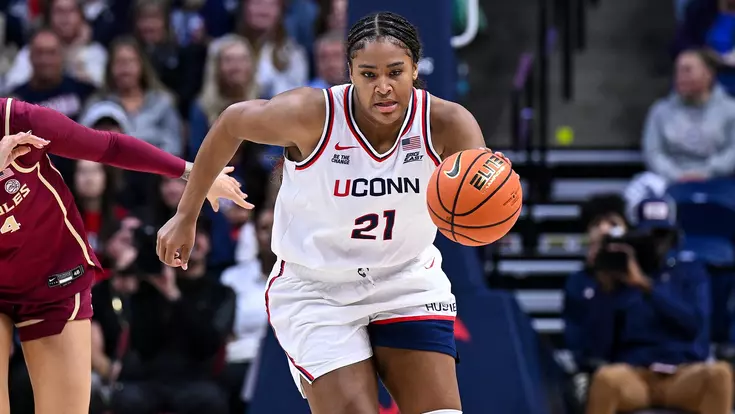 STORRS, Conn - November 9 - Sarah Strong #21 of the UConn Huskies during the game against the Florida State Seminoles at Harry A. Gampel Pavilion in Storrs, CT. Photo by Simon Asher