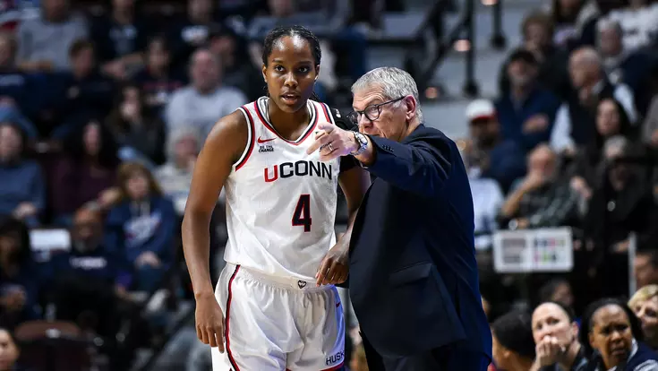 UNCASVILLE, Conn - November 23 - , Geno Auriemma of the UConn Huskies, Azzi Fudd #35 of the UConn Huskies, Blanca Quinonez #4 of the UConn Huskies against the Utah Utes at Mohegan Sun Arena in Uncasville, CT. Photo by Simon Asher
