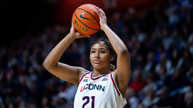 UNCASVILLE, CONNECTICUT - March 8 - Sarah Strong #21 of the UConn Huskies against the Creighton Bluejays during the Big East Women's Basketball Semifinals at Mohegan Sun Arena in Uncasville, Connecticut. Photo by Simon Asher