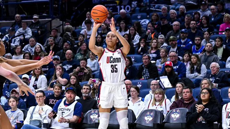 STORRS, CONNECTICUT - February 22 - Azzi Fudd #35 of the UConn Huskies in the game against the Providence Friars at Harry A. Gampel Pavilion on February 22 in Storrs, Connecticut. Photo by Simon Asher