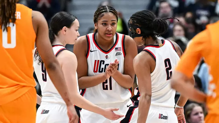 HARTFORD, CONNECTICUT - February 1 - Sarah Strong #21 of the UConn Huskies in the game against the Tennessee Lady Vols at PeoplesBank Arena in Hartford, CT. Photo by Simon Asher