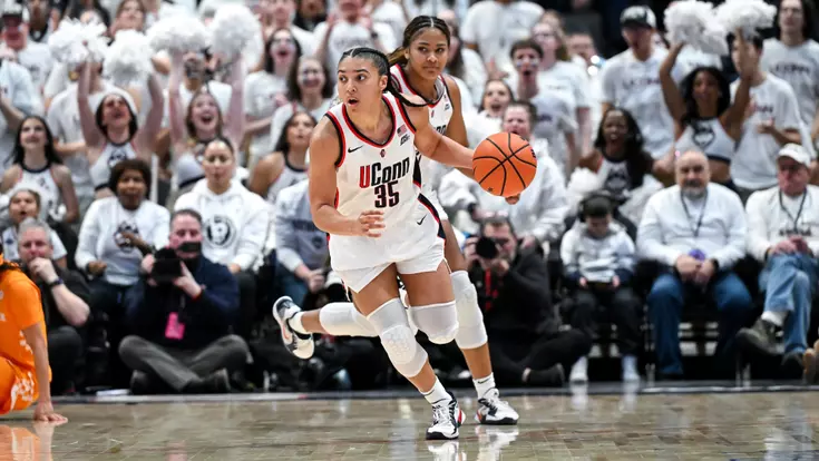 HARTFORD, CONNECTICUT - February 1 - Sarah Strong #21 of the UConn Huskies, Azzi Fudd #35 of the UConn Huskies in the game against the Tennessee Lady Vols at PeoplesBank Arena in Hartford, CT. Photo by Simon Asher