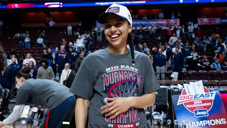 UNCASVILLE, CONNECTICUT - March 9 - Azzi Fudd #35 of the UConn Huskies win against the Villanova Wildcats during the Big East Women's Basketball Championship at Mohegan Sun Arena in Uncasville, Connecticut. Photo by Simon Asher