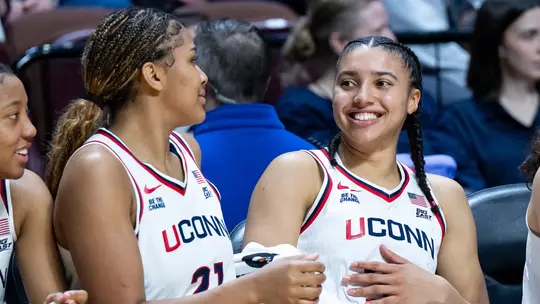 UNCASVILLE, CONNECTICUT - March 8 - Sarah Strong #21 of the UConn Huskies, Azzi Fudd #35 of the UConn Huskies, Ashlynn Shade #12 of the UConn Huskies against the Creighton Bluejays during the Big East Women's Basketball Semifinals at Mohegan Sun Arena in Uncasville, Connecticut. Photo by Simon Asher
