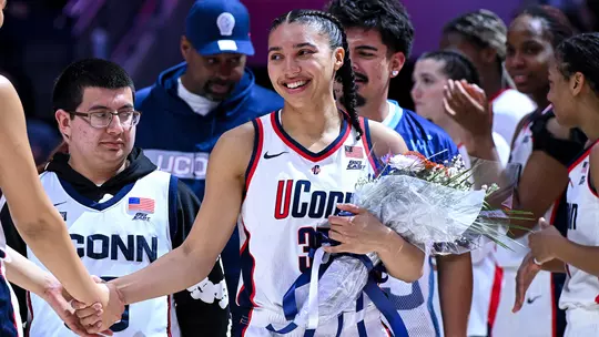 STORRS, CONNECTICUT - February 22 - Azzi Fudd #35 of the UConn Huskies in the game against the Providence Friars at Harry A. Gampel Pavilion on February 22 in Storrs, Connecticut. Photo by Simon Asher