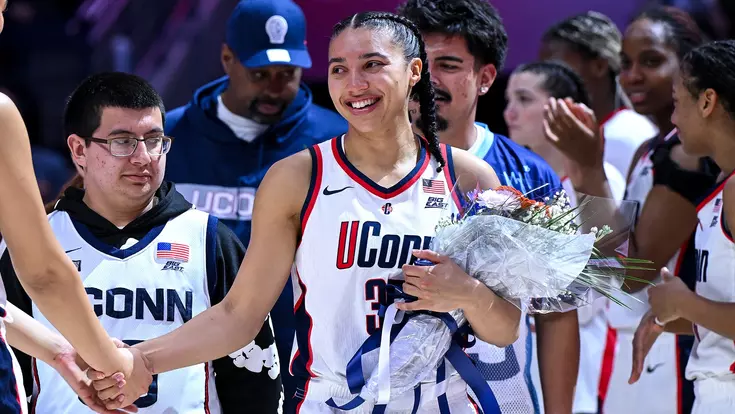 STORRS, CONNECTICUT - February 22 - Azzi Fudd #35 of the UConn Huskies in the game against the Providence Friars at Harry A. Gampel Pavilion on February 22 in Storrs, Connecticut. Photo by Simon Asher