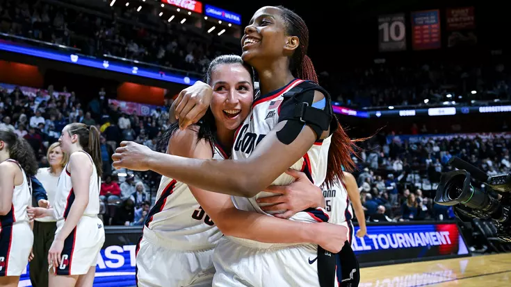 UNCASVILLE, CONNECTICUT - March 6 - Caroline Ducharme #33 of the UConn Huskies, Blanca Quinonez #4 of the UConn Huskies against the Georgetown Hoyas during the Big East Women's Basketball quarterfinals at Mohegan Sun Arena in Uncasville, Connecticut. Photo by Simon Asher