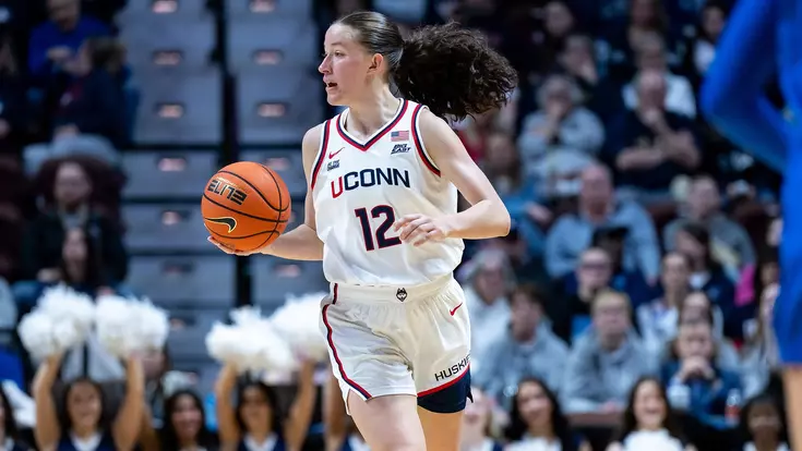 UNCASVILLE, CONNECTICUT - March 8 - Ashlynn Shade #12 of the UConn Huskies against the Creighton Bluejays during the Big East Women's Basketball Semifinals at Mohegan Sun Arena in Uncasville, Connecticut. Photo by Simon Asher