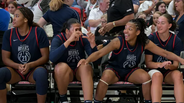 FAIRFIELD, Conn - September 21 - KK Arnold #2 of the UConn Huskies hypes up her teammates during the UConn Women's Basketball open practice at Sacred Heart University at William H. Pitt Health and Recreation Center in Fairfield, CT. Photo by Simon Asher
