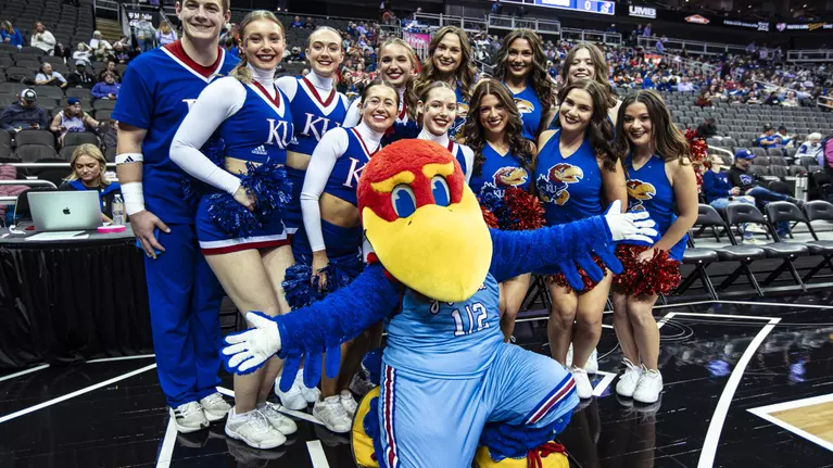 KANSAS CITY, MO - March 9, 2024 - Spirit Squad during Round 3 of Phillips 66 Big 12 Women's Championship between the Kansas Jayhawks and the BYU Cougars. Photo by Angilo Allen/Kansas Athletics