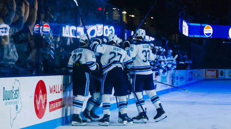 Maine men's hockey celebrates a goal.