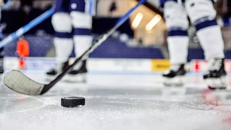 A puck next to a stick at Alfond Arena.