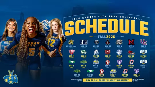 A graphic featuring the logos of all of Kansas City Volleyball's 2026 season opponents, including photos of student-athletes Coco Buschhorn, Ryanne Wattree and Chloe Kaminski