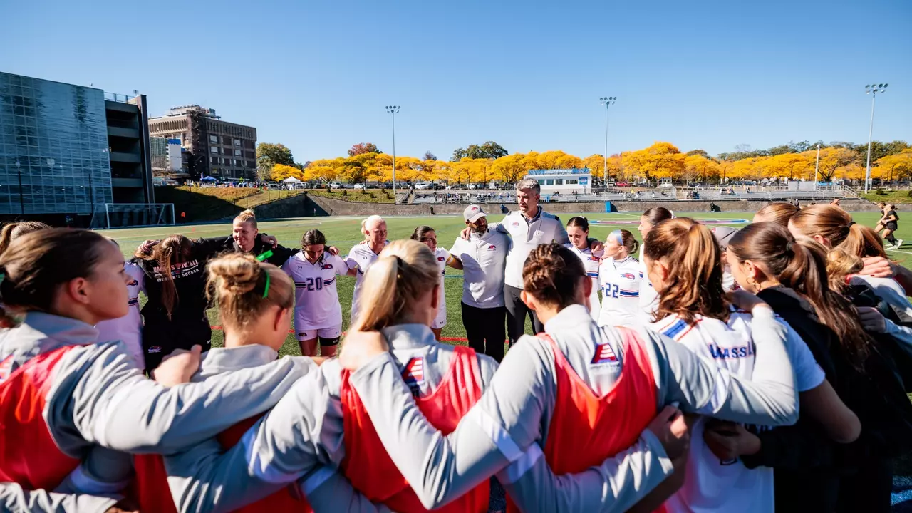 UMass Lowell Women's Soccer Huddles before a match