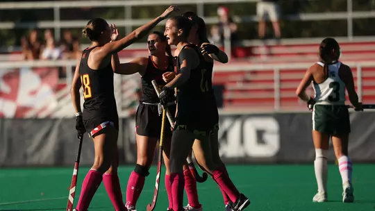 Maryland field hockey celebrates a goal against Michigan State