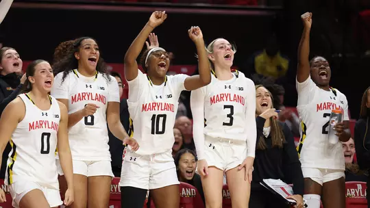 Maryland's bench celebrates a basket against VT