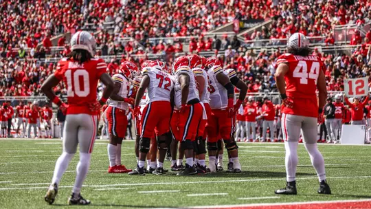 Maryland football huddle at Ohio State in 2023