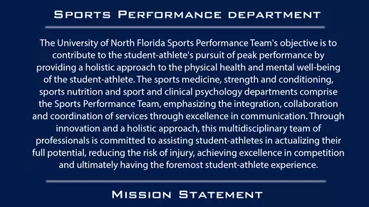 Sports Performance Department Mission Statement with text over a blue background
