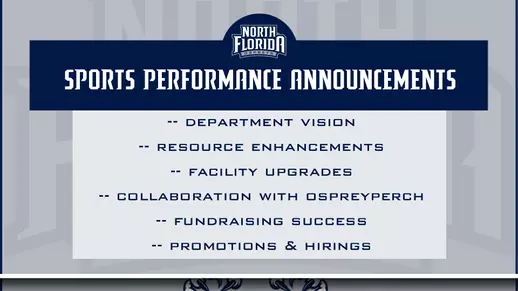 Sports Performance Announcements graphic 2022-23 with text stating -- department vision -- resource enhancements -- facility upgrades -- collaboration with ospreyperch -- fundraising success -- promotions & hirings over a gray background