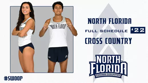 north florida cross country full schedule graphic with a picture of Mia McLain and Robert Pedroza and a white background