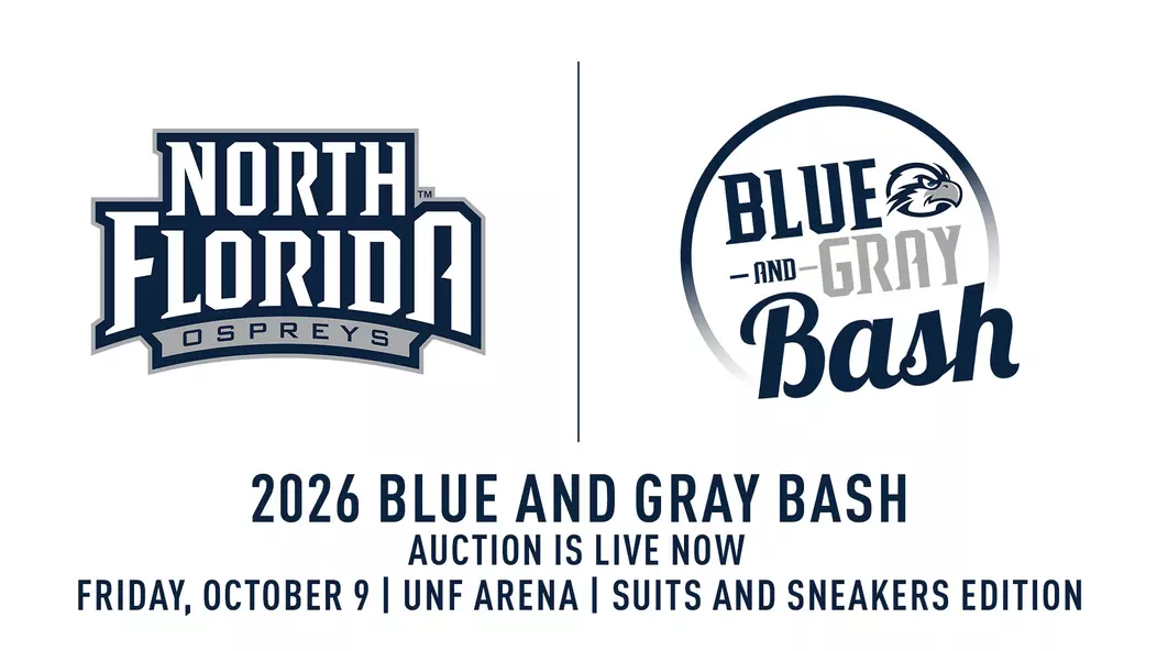 White background with University of North Florida Athletics banner logo and 2026 Blue and Gray Bash logo with text explaining that the event auction is live now and the date, location and theme of the event.