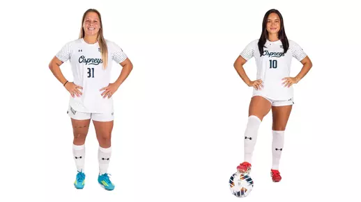 White backdrop photo of midfielder Paige McSwigan and forward Allie Fekany ahead of the 2026 season