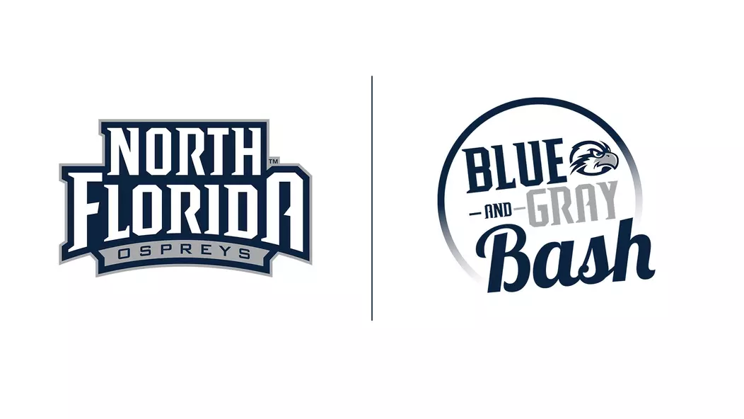 White background with University of North Florida Athletics logo and Blue and Gray Bash logo