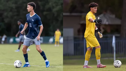 Split photo of Anton Khelil and Luciano Natoli with the ball at their feet