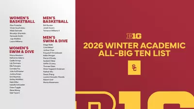 Graphic showcasing the names of USC's 2026 Winter Big Ten All-Academic Team honorees
