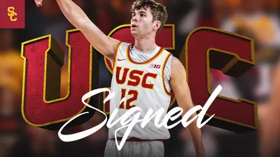 USC men's basketball transfer guard Isaac Bruns on a "signed" graphic