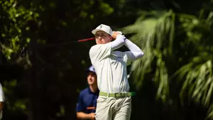 Reggie Fear teeing off during the Florida Atlantic Invitational