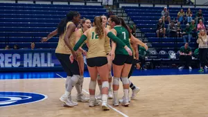 Volleyball huddle against No. 16 Tennessee at Penn State Classic