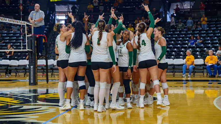 Volleyball prematch huddle at Wichita State