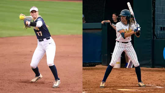 Jenna Gober (left) throws the ball; Eli Enriquez (right) at-bat