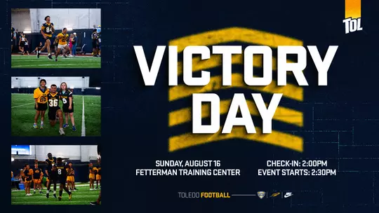 Victory Day 2026, Sunday August 16 inside Fetterman Training Center, Check-In at 2:00 PM, Event starts at 2:30 pm. Has images from previous year of football players interacting by doing football drills and posing with participants.
