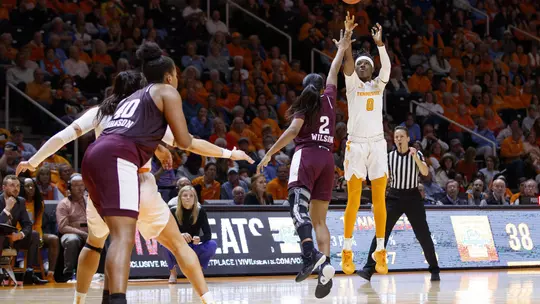 KNOXVILLE, TN - FEBRUARY 16, 2020 - Guard/Forward Rennia Davis #0 of the Tennessee Lady Volunteers during the game between the Texas A&M Aggies and the Tennessee Lady Volunteers at Thompson-Boling Arena in Knoxville, TN. Photo By Kate Luffman/Tennessee Athletics