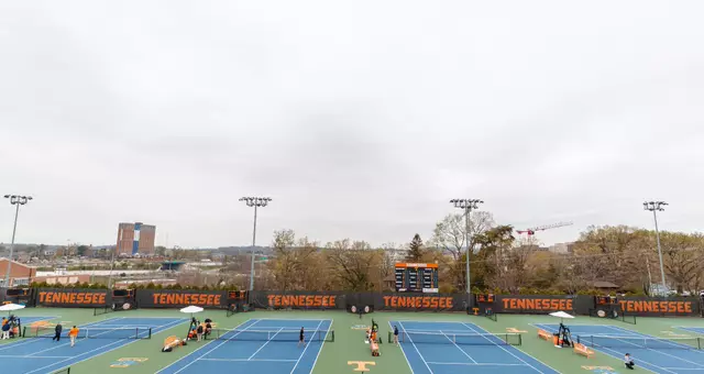 KNOXVILLE, TN - March 09, 2023 - Wide shot of tennis courts during the game between the Vanderbilt Commodores and the Tennessee Volunteers at Barksdale Stadium in Knoxville, TN. Photo By Kate Luffman/Tennessee Athletics