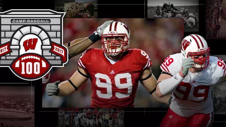 Photo collage of images of Wisconsin football player J.J. Watt with Camp Randall 100 logo
