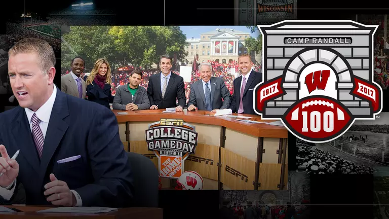 Photo collage of images of ESPN College GameDay broadcaster and former Ohio State football player Kirk Herbstreit with the Camp Randall 100 logo