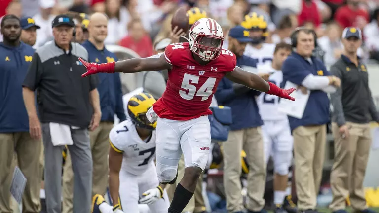 Wisconsin Badgers linebacker Chris Orr (54) celebrates during an NCAA Big Ten Conference college football game against the Michigan Wolverines Saturday, Sept. 21, 2019, in Madison, Wis. The Badgers won 35-14. (Photo by David Stluka/Wisconsin Athletic Communications)