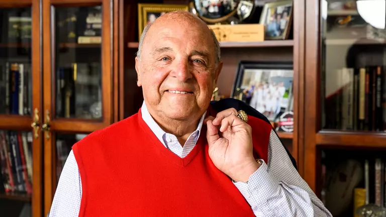Barry Alvarez, Director of Athletics at the University of Wisconsin-Madison, is pictured in his office in Kellner Hall on April 21, 2021. After 32 years at the University of Wisconsin, including a legendary beginning as head coach of Wisconsin football program and the final 18 years as the Director of Athletics, Alvarez announced on April 6 that he will officially retire on June 30, 2021. (Photo by Jeff Miller / UW-Madison)