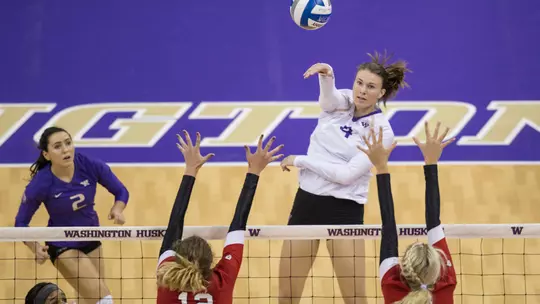 The University of Washington volleyball team hosts the University of Utah at Alaska Airlines Arena on Friday October 14, 2016 in Seattle. (Stephen Brashear/Red Box Pictures)